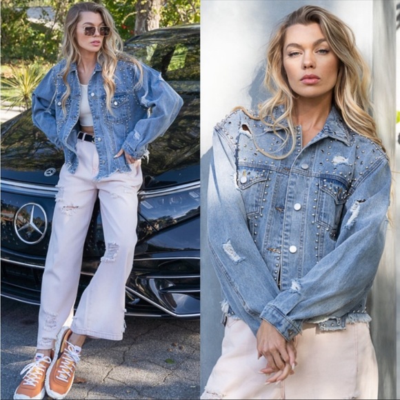 Beaded Pearls and Studs Oversized Distressed Denim Jean Jacket - Picture 9 of 13